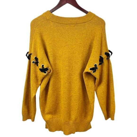 ** Molly Bracken Mustard Crew Neck Sweater w/ Velvet Arm Tie Detailing Size L/XL - Picture 5 of 8